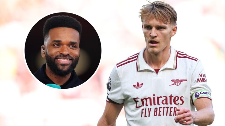 Martin Odegaard in action during a Premier League clash between Manchester United and Arsenal, Darren Bent inset