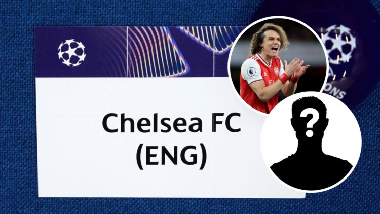 A card from the Champions League draw with 'Chelsea' written. Inset, Arsenal defender David Luiz and a mystery player icon.