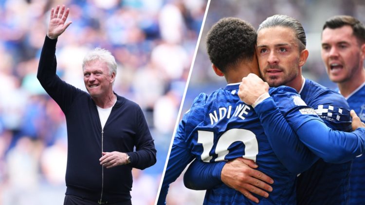 A split image of Everton boss David Moyes celebrating against Brighton (L) and Everton midfielder Jack Grealish celebrating with teammate Iliman Nd...
