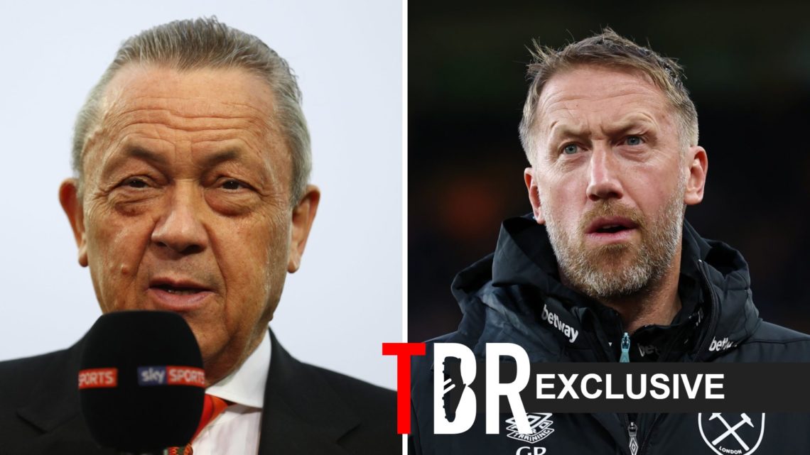 Split image of (L) West Ham United owner David Sullivan speaking in an interview and (R) Graham Potter looking on during a West Ham game, overlaid ...