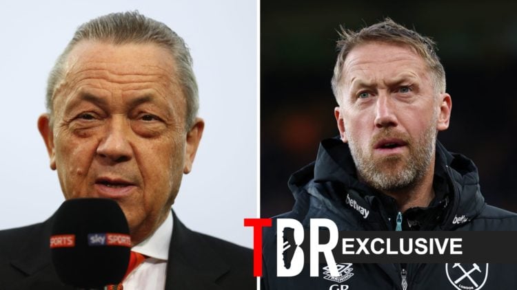 Split image of (L) West Ham United owner David Sullivan speaking in an interview and (R) Graham Potter looking on during a West Ham game, overlaid ...