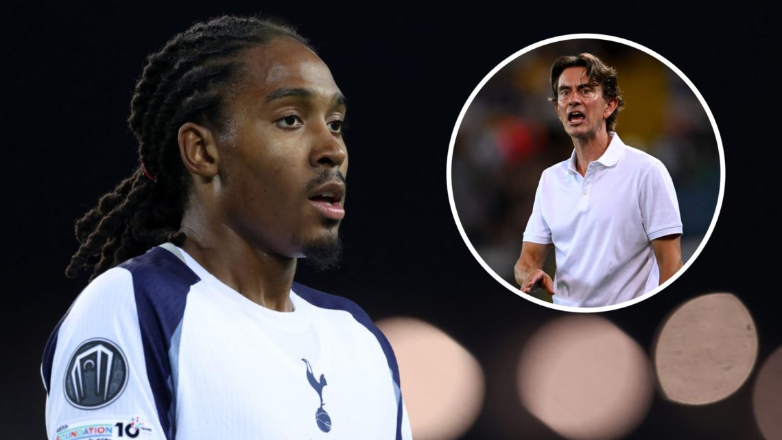 Djed Spence in action for Tottenham Hotspur during UEFA Super Cup Final. Inset of Thomas Frank.