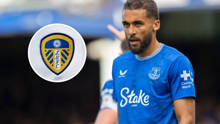 Everton striker Dominic Calvert-Lewin in action against Crystal Palace. Inset, the Leeds United badge