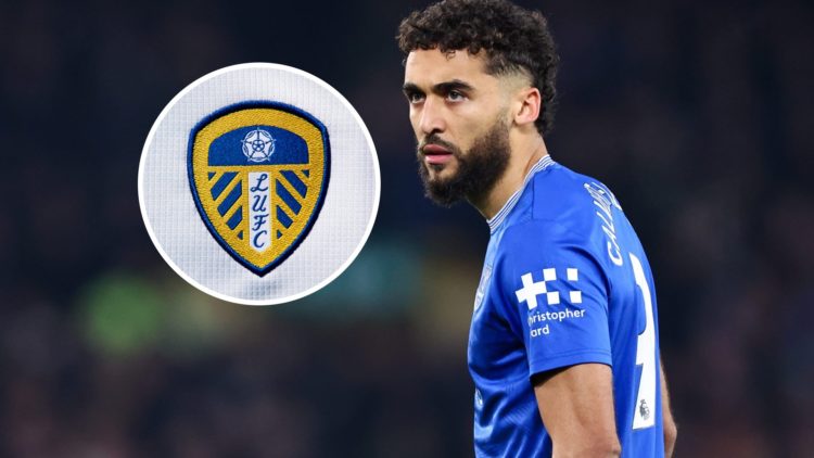 Dominic Calvert-Lewin in action for Everton, Leeds badge inset