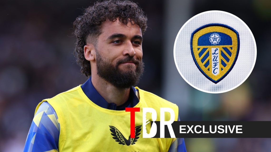 Dominic Calvert-Lewin of Everton during the Premier League match between Fulham FC and Everton FC at Craven Cottage (Centre) Leeds United badge (Ri...