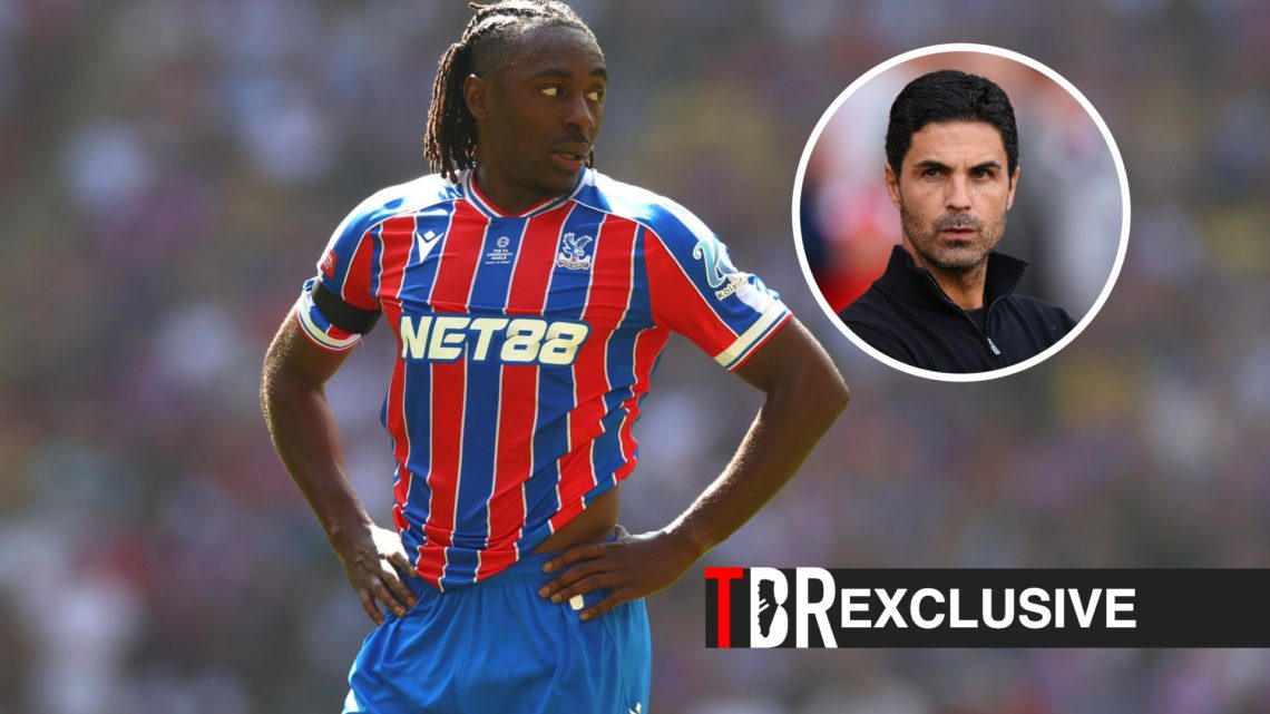 Eberechi Eze in action for Crystal Palace against Liverpool, Mikel Arteta, TBR logo, exclusive label inset