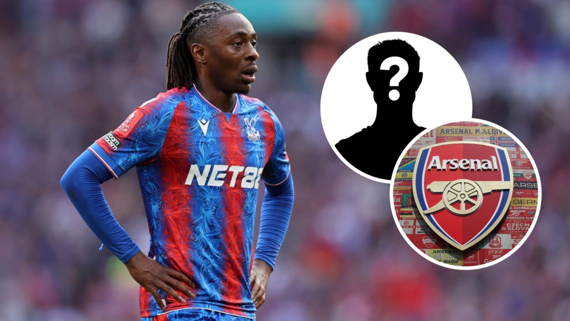 Crystal Palace playmaker Eberechi Eze. Inset, the Arsenal badge and a mystery player icon