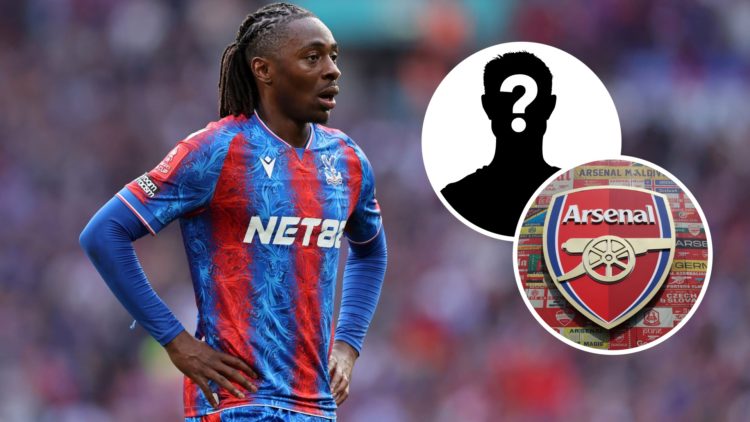 Crystal Palace playmaker Eberechi Eze. Inset, the Arsenal badge and a mystery player icon