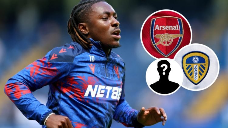 Eberechi Eze warming up before a Premier League clash between Chelsea and Crystal Palace, Arsenal badge, mystery figure and Leeds badge inset