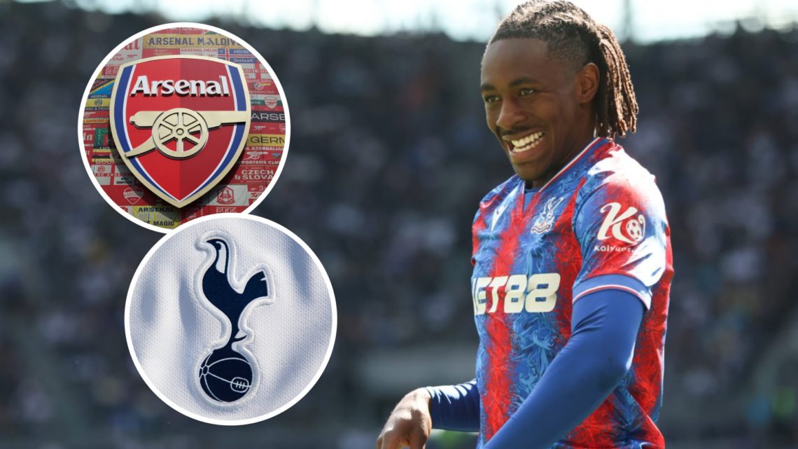 Crystal Palace forward Eberechi Eze at the Tottenham Hotspur Stadium. Inset of Arsenal and Tottenham badges.