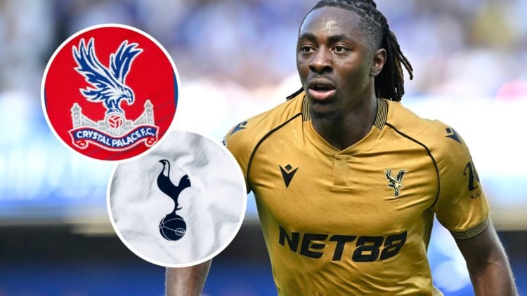 Eberechi Eze in action during a Premier League clash between Chelsea and Crystal Palace, Tottenham badge and Crystal Palace badge inset