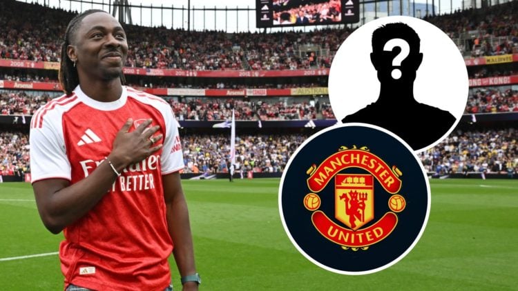 Image of Eberechi Eze being unveiled as a new Arsenal player at the Emirates Stadium, with insets of a mystery player and a Manchester United badge