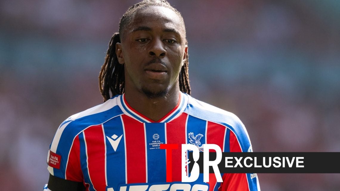 Image of Eberechi Eze looking on during a Crystal Palace game, overlaid a TBR Exclusive banner