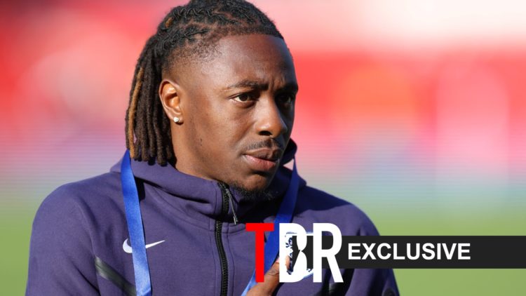Image of Eberechi Eze looking on before an England game, overlaid a TBR Exclusive banner