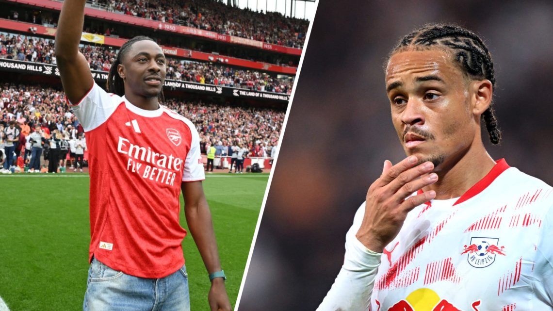 Split image of (L) Eberechi Eze waving to the Arsenal fans after signing for them and (R) Xavi Simons looking on during an RB Leipzig game