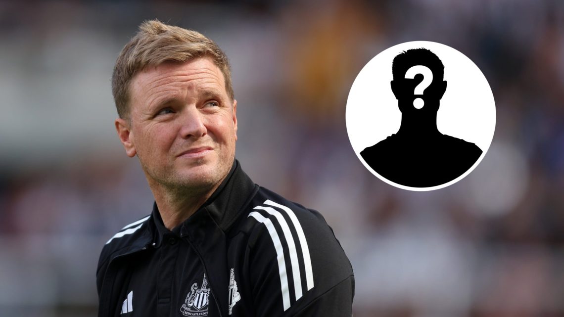 Image of Eddie Howe looking on during a Newcastle game, with an inset of a mystery player