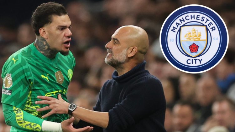 Ederson and Pep Guardiola, Manchester City badge (inset)