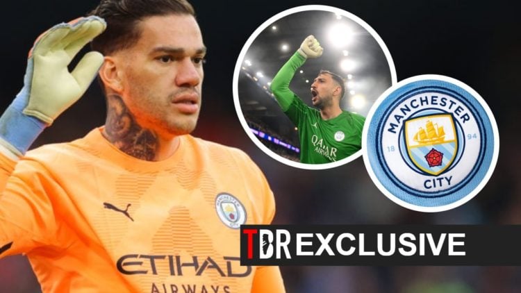 Ederson, Gianluigi Donnarumma (inset, top), Man City badge (inset, bottom)