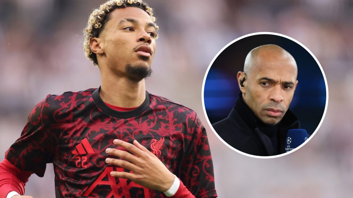 Liverpool striker Hugo Ekitike alongside an inset of Thierry Henry.