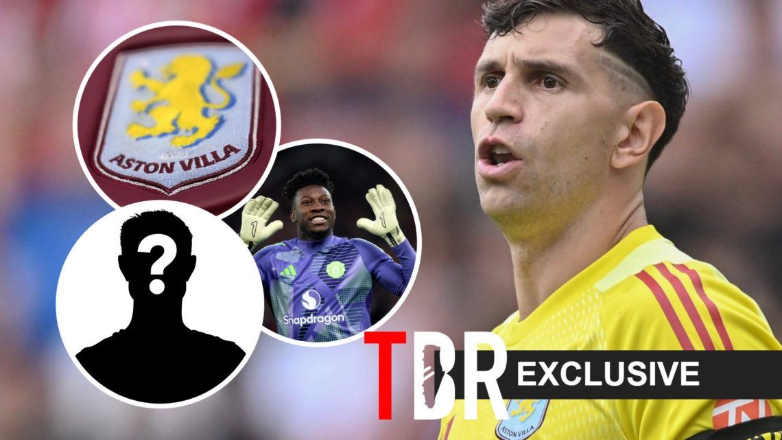Emi Martinez of Aston Villa (right), Andre Onana, mystery player and Villa badge overlay