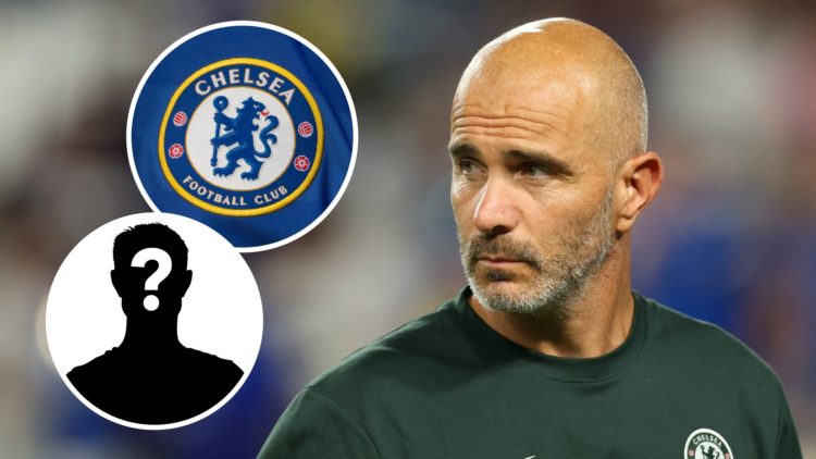 Enzo Maresca, Chelsea badge (inset, top), mystery player (inset, bottom)