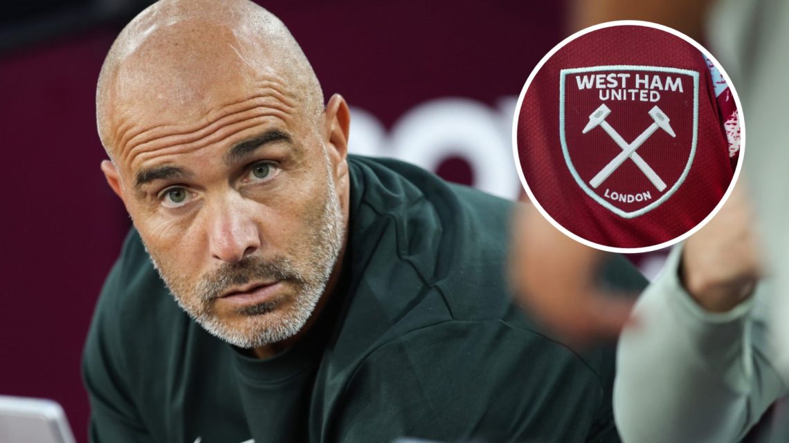 Chelsea manager Enzo Maresca during the Premier League match between West Ham United and Chelsea at London Stadium (Left) A West Ham crest on the h...