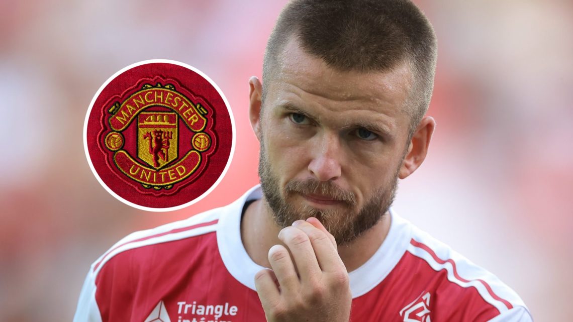Eric Dier in action for Monaco, Manchester United badge inset