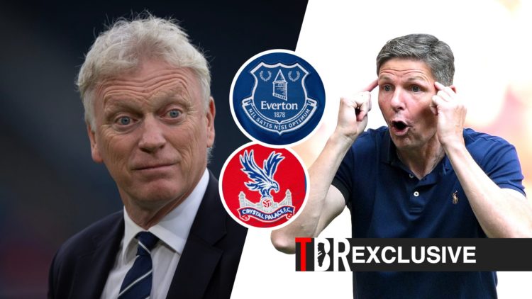 Split image of David Moyes and Oliver Glasner, TBR logo, exclusive tag, Crystal Palace badge and Everton badge inset