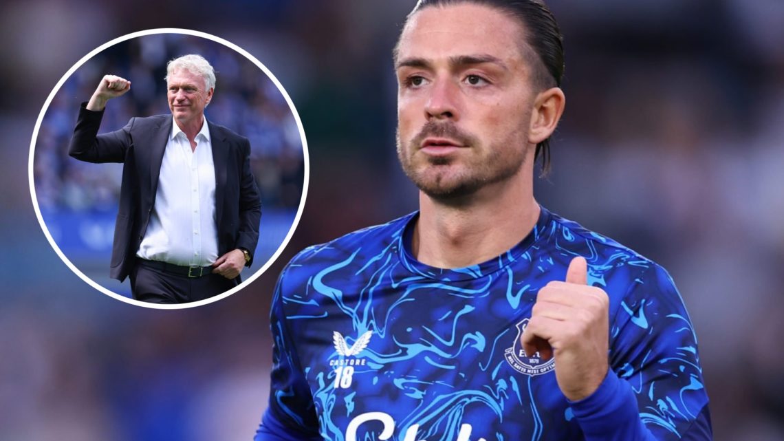 Everton forward Jack Grealish warming up ahead of Leeds United clash. Inset of David Moyes.