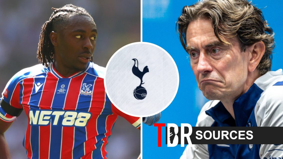 Eberechi Eze of Crystal Palace in action (left) and Thomas Frank (right), Spurs badge (centre)