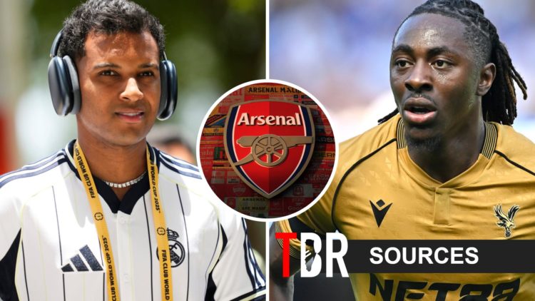Eberechi Eze of Crystal Palace in action (right) and Rodrygo Goes of Real Madrid smiling (right), Arsenal badge (centre)