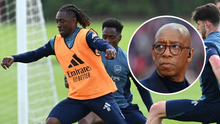 Eberechi Eze in Arsenal training alongside an inset of Ian Wright.