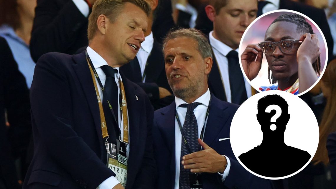 Fabio Paratici (R) and Tottenham's sporting director Johan Lange (L) ahead of UEFA Super Cup. Inset of Arsenal target Eberechi Eze and a mystery pl...