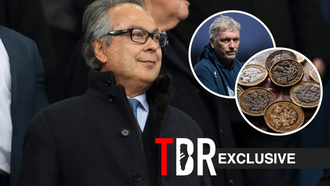 Farhad Moshiri looks on. Inset, Everton manager David Moyes looks on, and an image showing pound coins.