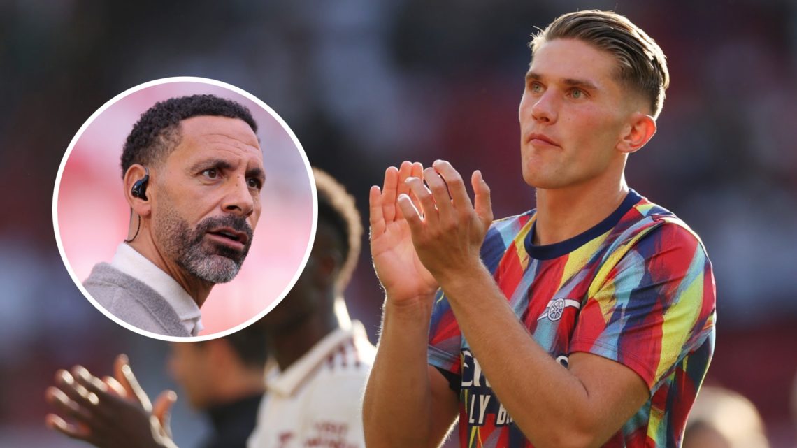 Viktor Gyokeres playing for Arsenal against Manchester United with an inset of Rio Ferdinand.