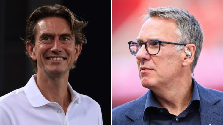Main: Thomas Frank smiles on the touchline during Tottenham's UEFA Super Cup game against PSG. Inset: Paul Merson working as a pundit for Sky Sports.