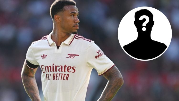 Gabriel of Arsenal looks on during the Premier League match between Manchester United and Arsenal at Old Trafford (Left) Mystery (Right).