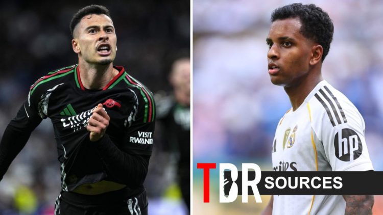 Split image of (L) Gabriel Martinelli celebrating during an Arsenal game and (R) Rodrygo Goes looking on while playing for Real Madrid, overlaid a ...