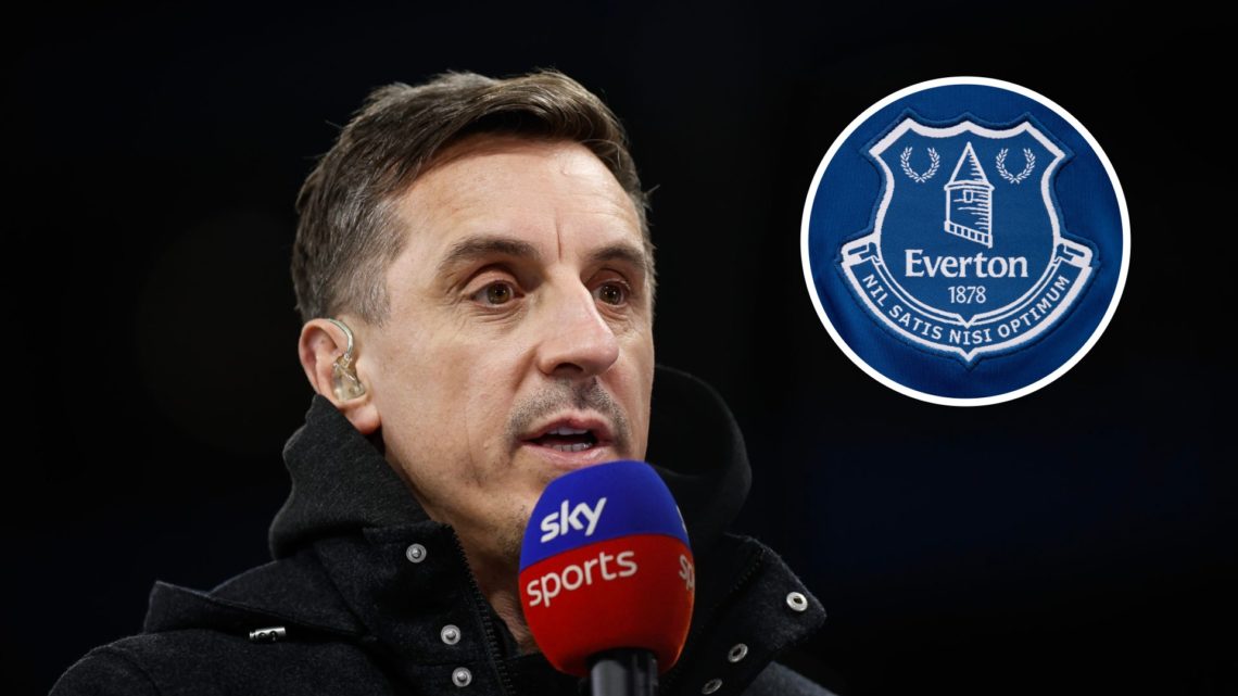 Sky Sports pundit Gary Neville. Inset, the Everton badge on a blue home shirt.