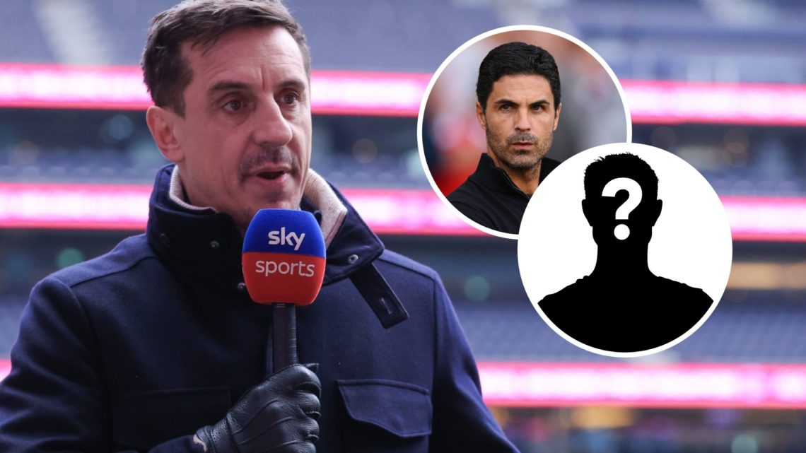 Pundit Gary Neville at the Tottenham Hotspur Stadium. Inset, Arsenal boss Mikel Arteta and a mystery player icon.