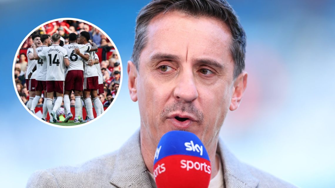Gary Neville as a pundit on Sky Sports. Inset of Arsenal players celebrating, including Declan Rice.