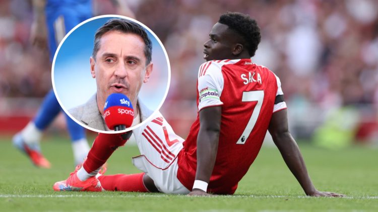 Bukayo Saka down injured during a Premier League clash between Arsenal and Leeds, Gary Neville inset