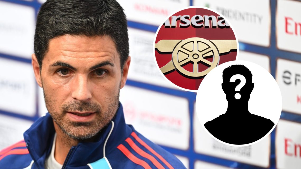 Mikel Arteta (left) looks on and an Arsenal badge and mystery overlay (right)