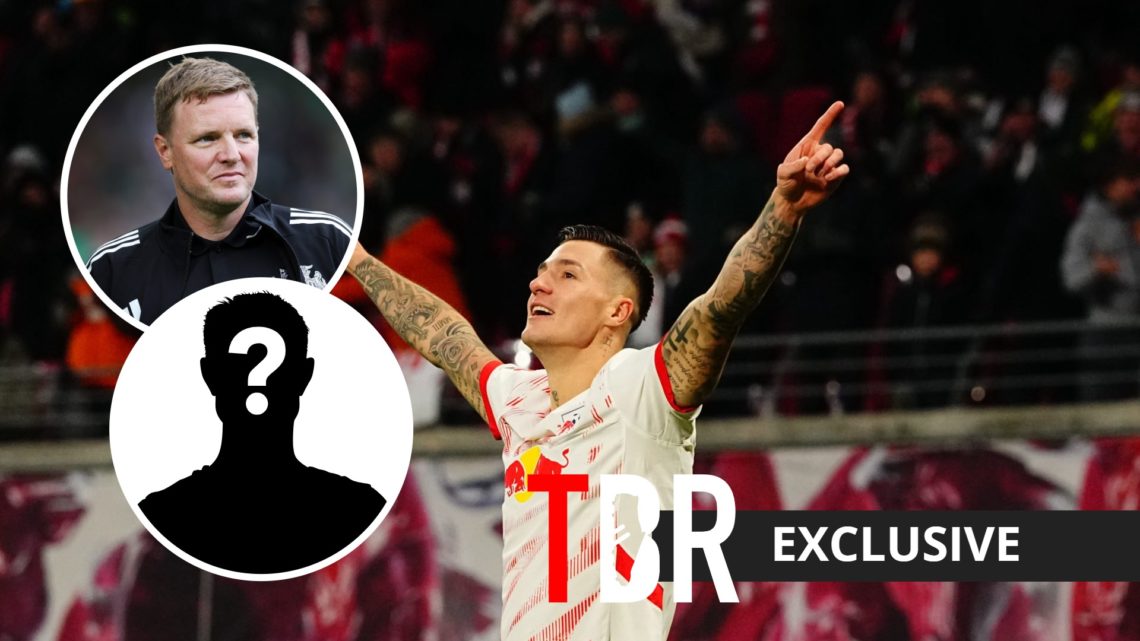 RB Leipzig striker Benjamin Sesko with inset of Newcastle United manager Eddie Howe and mystery silhouette