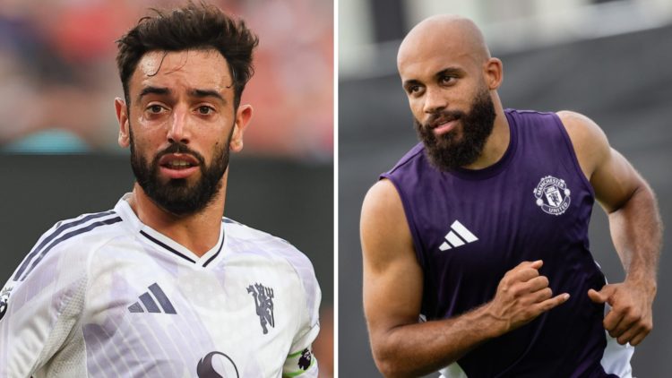 Bruno Fernandes and Bryan Mbeumo in a split image