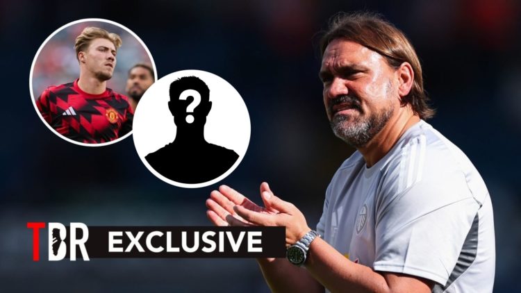 Leeds boss Daniel Farke applauds fans in pre-season alongside an inset of Manchester United striker Rasmus Hojlund.