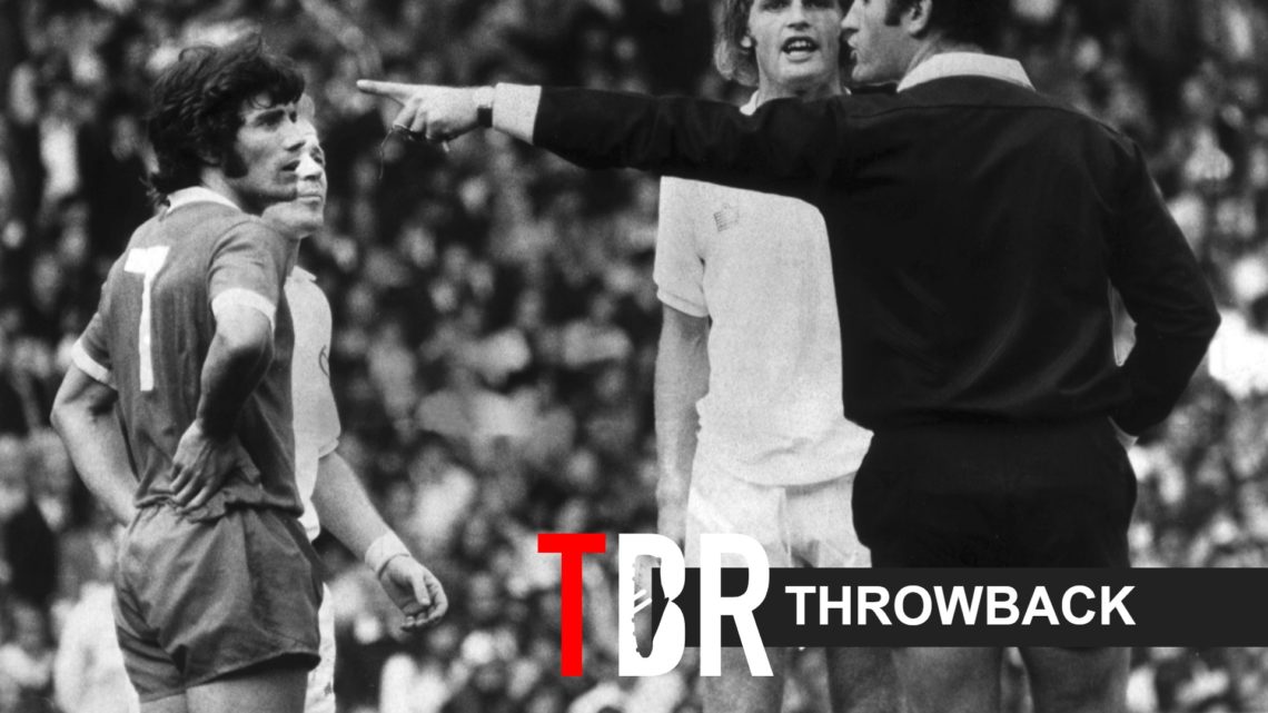 Kevin Keegan is sent off for Liverpool during the 1974 Community Shield Final against Leeds with the throwback label and TBR Logo bottom right