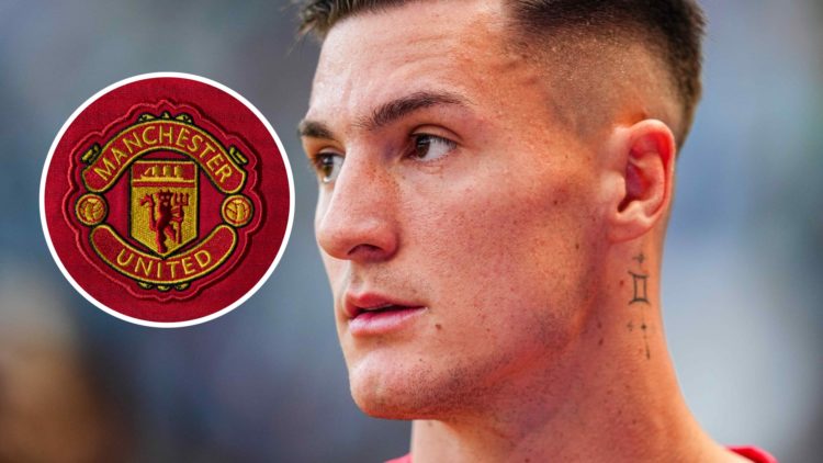 Benjamin Sesko in action for RB Leipzig against Werder Bremen, Manchester United badge inset