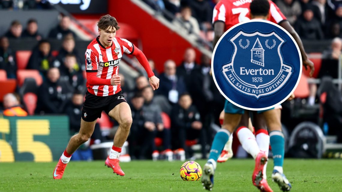 Southampton midfielder Tyler Dibling with inset of Everton badge