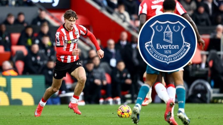 Southampton midfielder Tyler Dibling with inset of Everton badge